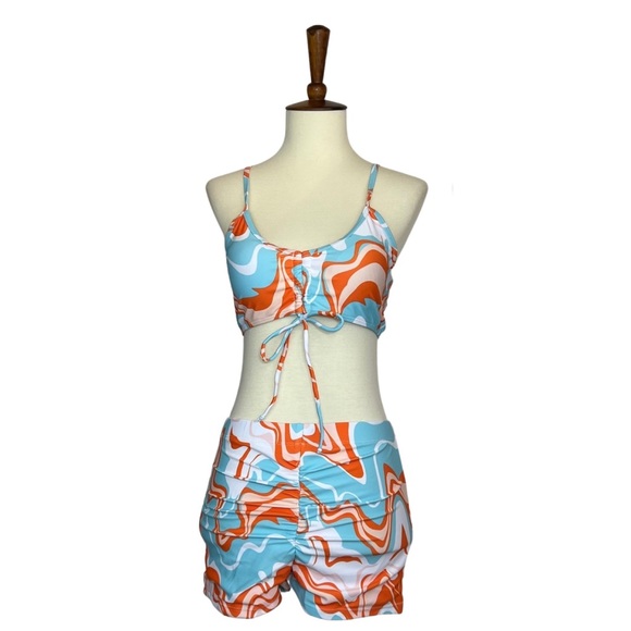 Retro 3 Pcs Set Orange Blue White Psychedelic Bikini & Coverup - Picture 7 of 15